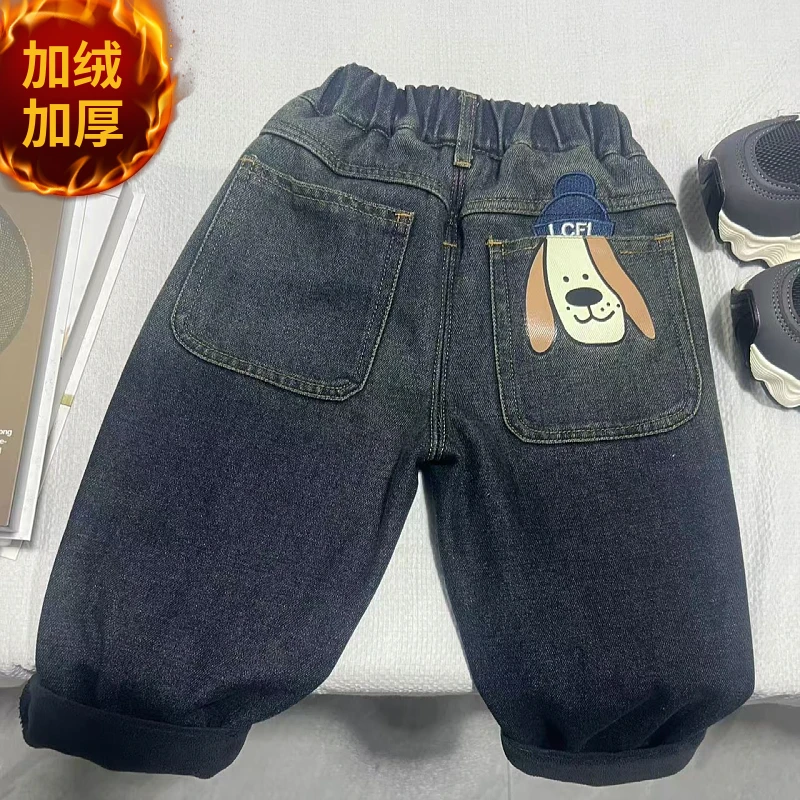 男童加厚一体绒牛仔裤韩版宽松秋冬儿童长裤2024新款男孩痞帅裤子