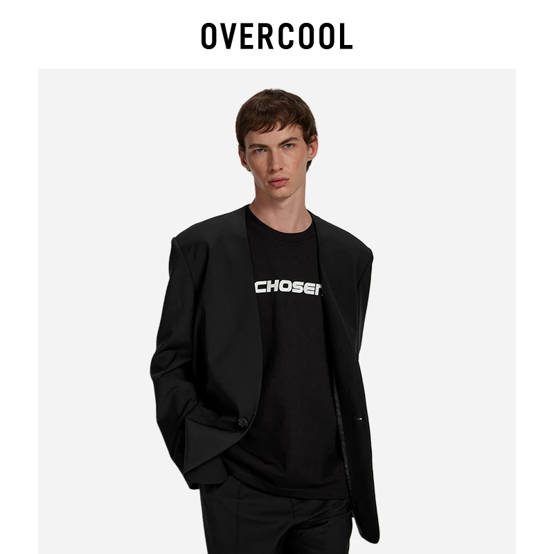 OVERCOOL潮牌高街男士宽松西服设计师精纺羊毛一粒扣无领休闲西装