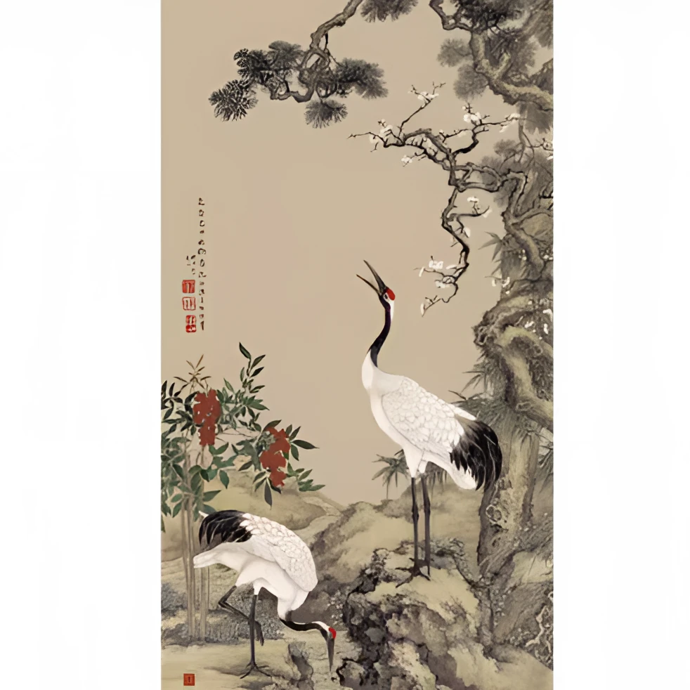 装饰画松梅双鹤图仿古画复制品新中式装饰画花鸟画1