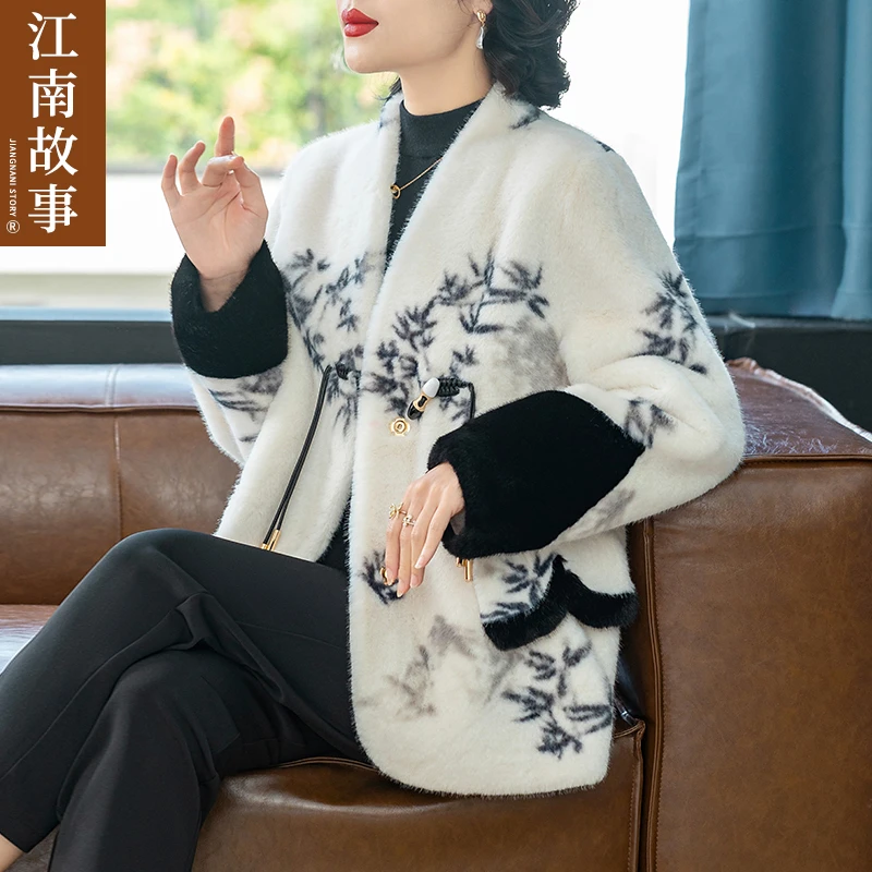 江南故事中年妈妈新中式V领大衣40岁50岁中老年女士秋冬保暖外套