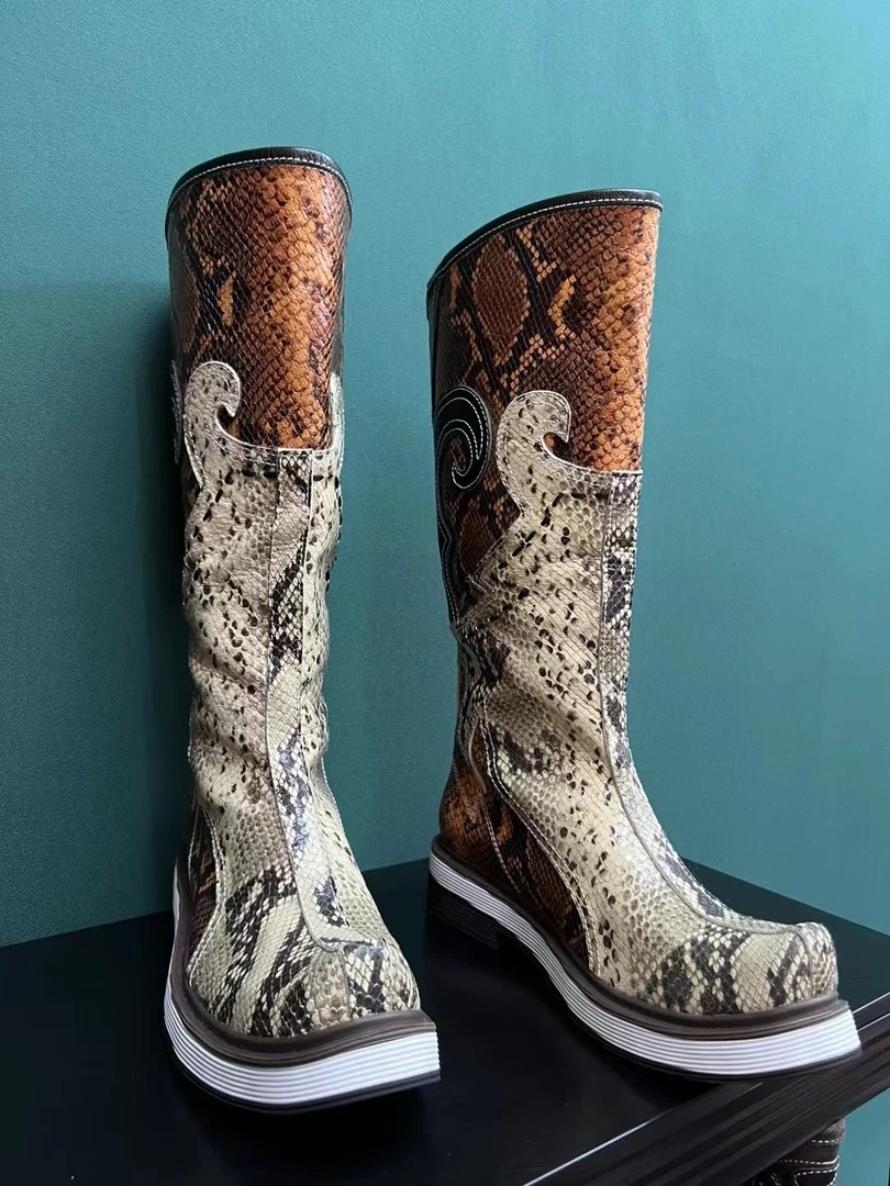 哈如贵蒙古元素时装靴蛇纹高筒靴里外全皮印花民族风时尚