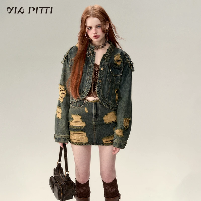 ViaPitti【官方专属】水洗双层撞色个性牛仔上衣女外套V23DC383