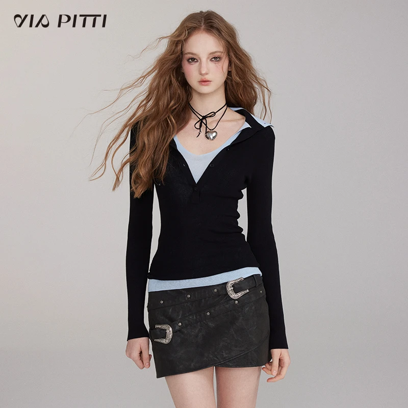 ViaPitti【官方专属】设计感三穿撞色毛织打底上衣V24DK244
