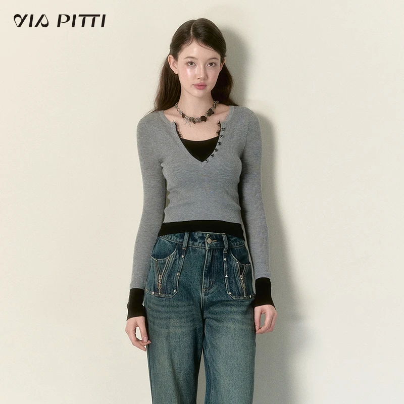 ViaPitti【官方专属】设计感蕾丝拼接假两件V领撞色毛织V24DK075