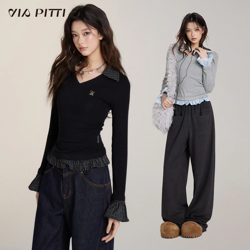 ViaPitti【官方专属】设计感拼接假两件打底长袖T V24DTP205