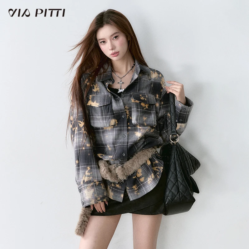 ViaPitti【官方专属】】重工水洗做旧扎染玫瑰钉珠衬衫V24DC145