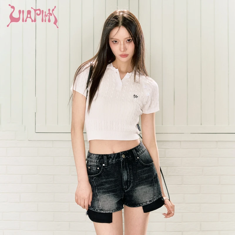 ViaPitti【官方专属】麻花针织POLO正肩短上衣短袖女装白色V23BK228