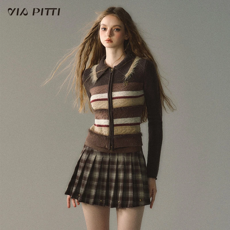 ViaPitti【官方专属】羊毛彩织条纹绒绒拉链开衫上衣V22DK279