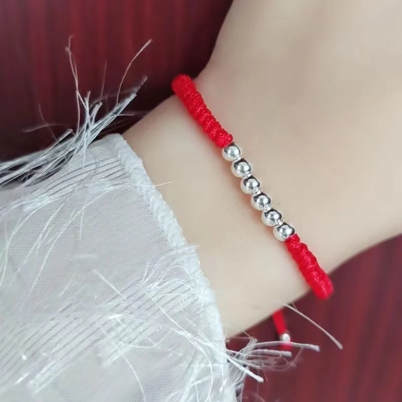 925银布艺手链 本命年红绳手链编织手链情侣转运珠手链送女友礼物