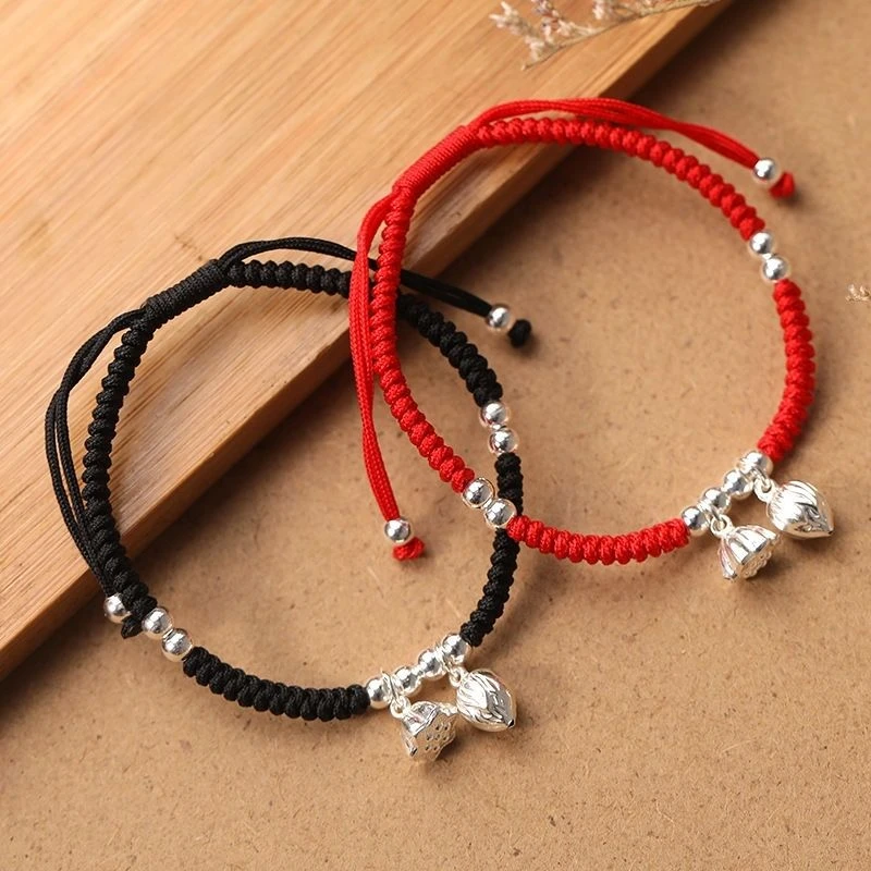 纯银红绳两世欢银手链女士编织黑绳手绳情侣复古风民族风手环