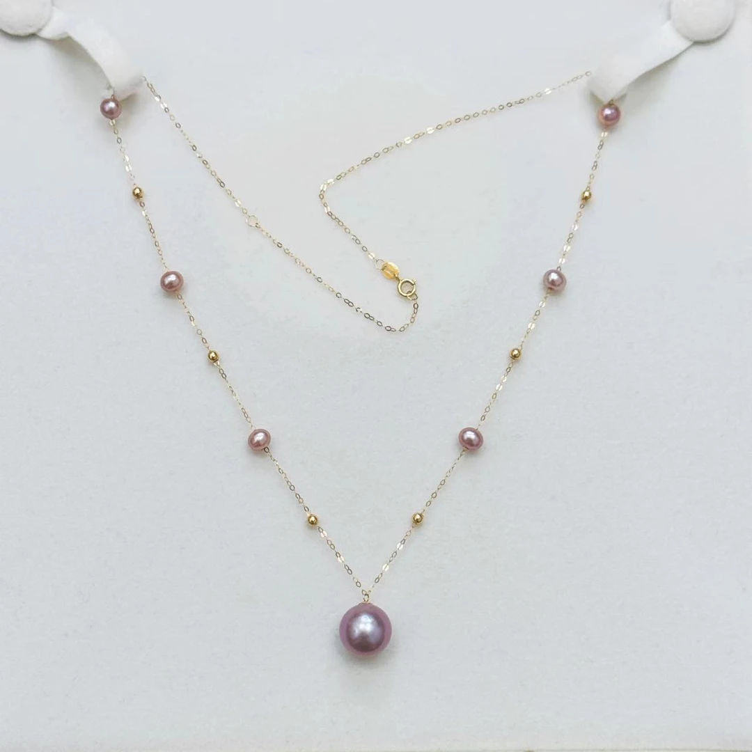 【永心珍珠】紫色通体18K金闪O链满天星淡水珍珠10-11mm锁骨链