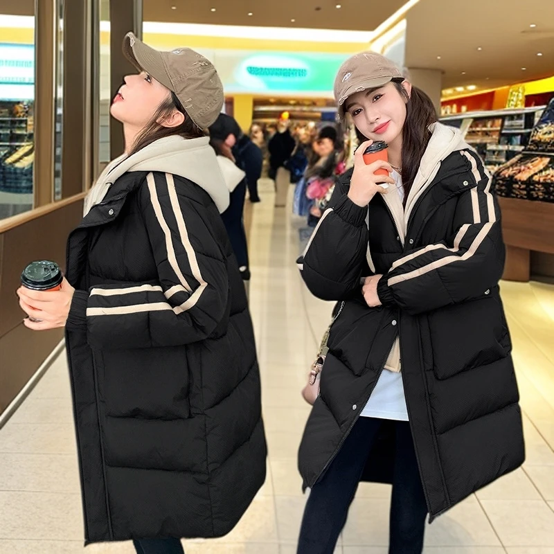 2024冬季中长款假两件棉服女加厚面包服新款棉衣连帽宽松外套棉袄