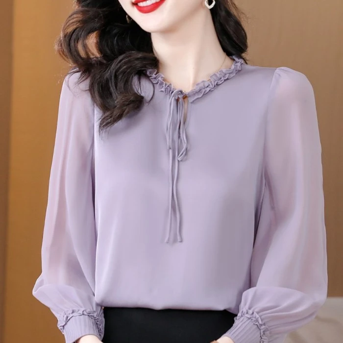 夏季圆领衬衫女新款遮肚子衬衣雪纺上衣时尚洋气紫色小衫