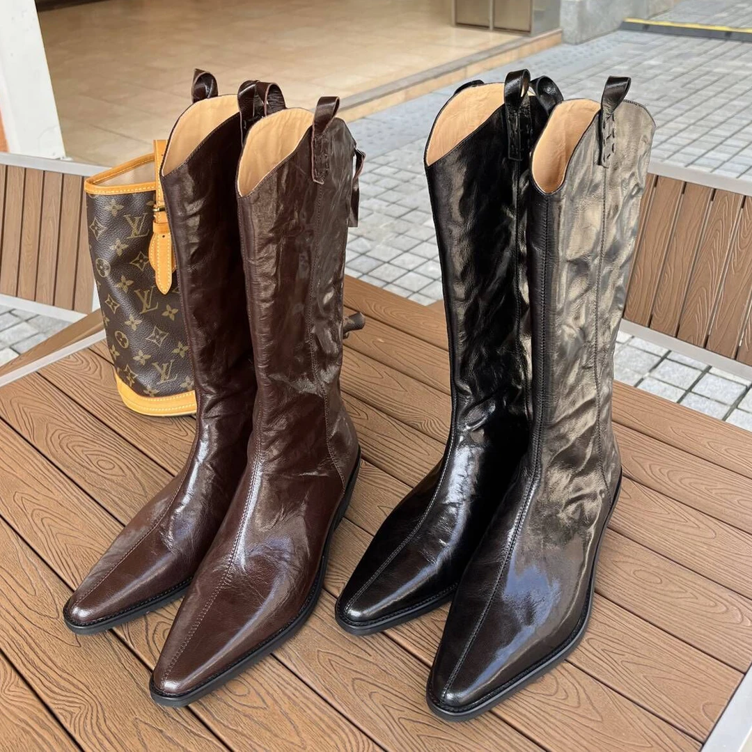 2023手抓纹羊皮长靴子真皮V口粗跟骑士高筒靴复古尖头不过膝靴女