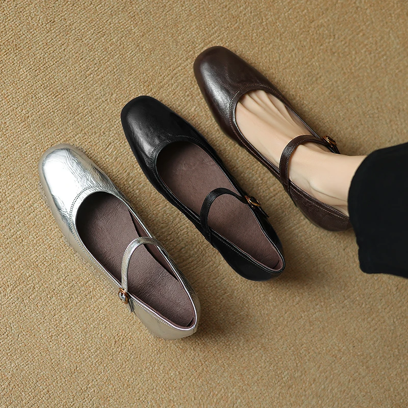 一字带内增高复古玛丽珍单鞋百搭软底软面复古圆头真皮单鞋大小码