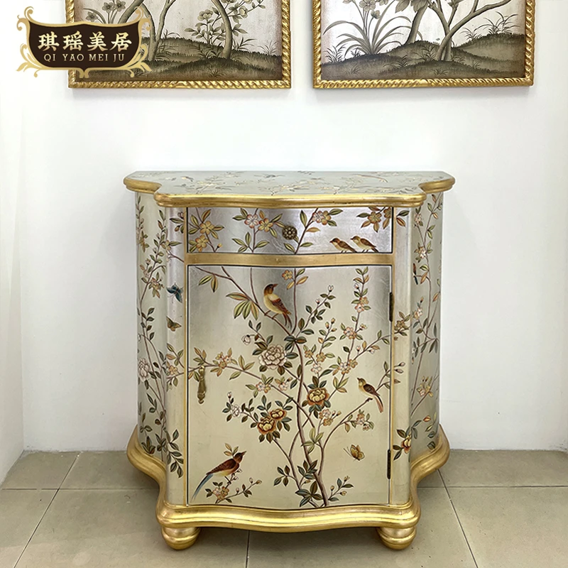 欧式奢华金箔彩绘花鸟玄关柜美式实木客厅边柜别墅门厅走廊装饰柜
