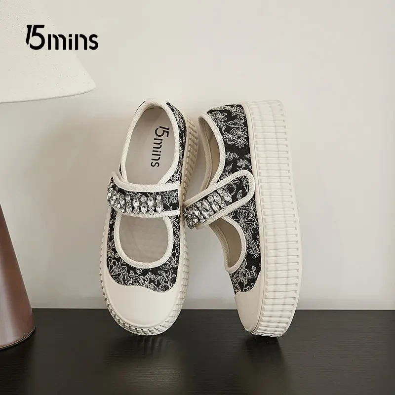 15mins夏季透气2024新款女鞋厚底休闲玛丽珍浅口魔术贴运动板鞋女