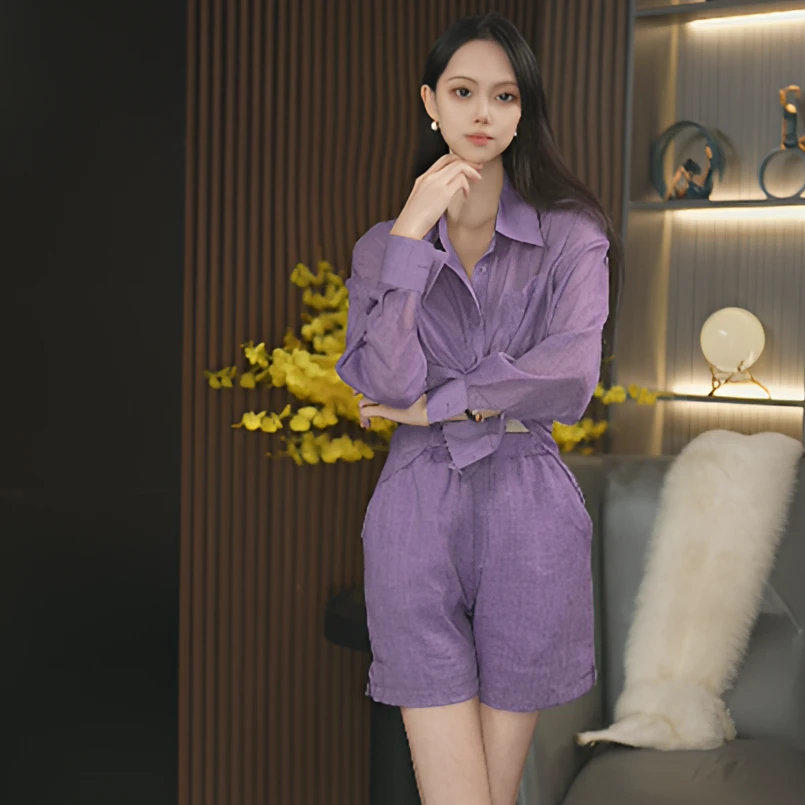 【紫气东来】重磅100%亚麻时尚套装女装衬衫短裤两件套2024夏季新款