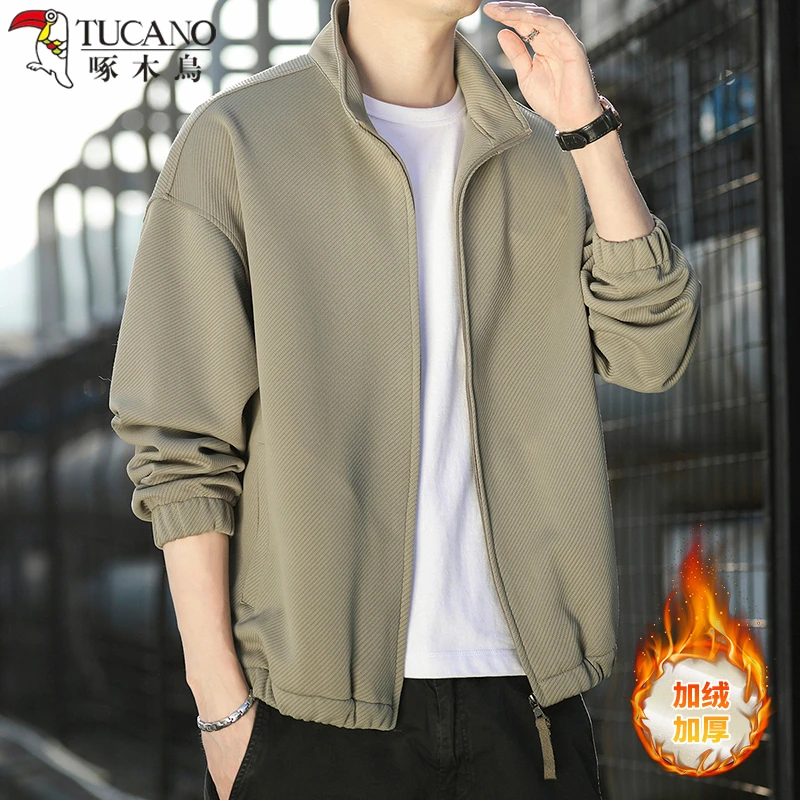 啄木鸟高档商务立领夹克男款秋冬季休闲宽松加绒加厚痞帅上衣外套
