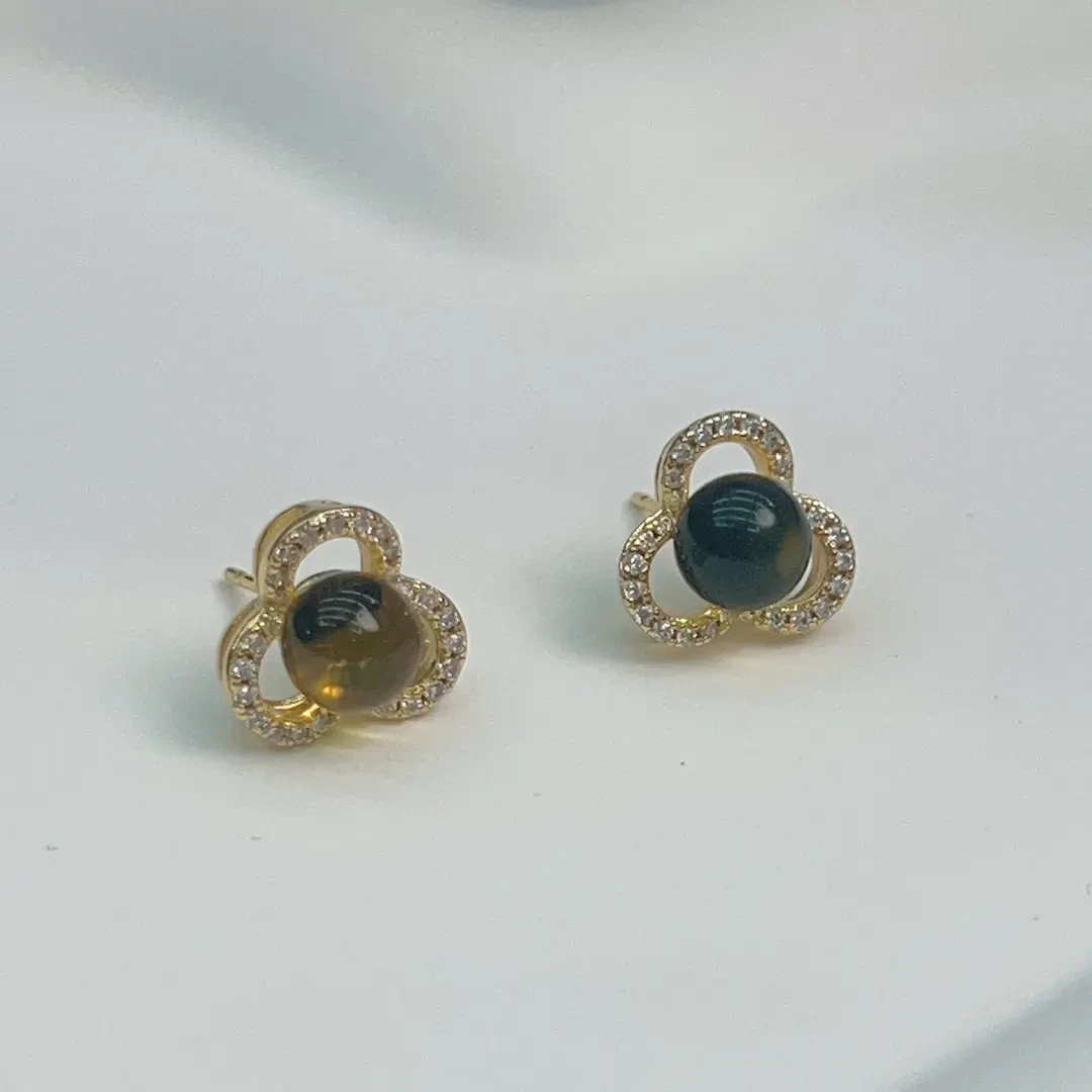 天然净水蓝珀三叶草豪华耳钉送证书礼盒K78