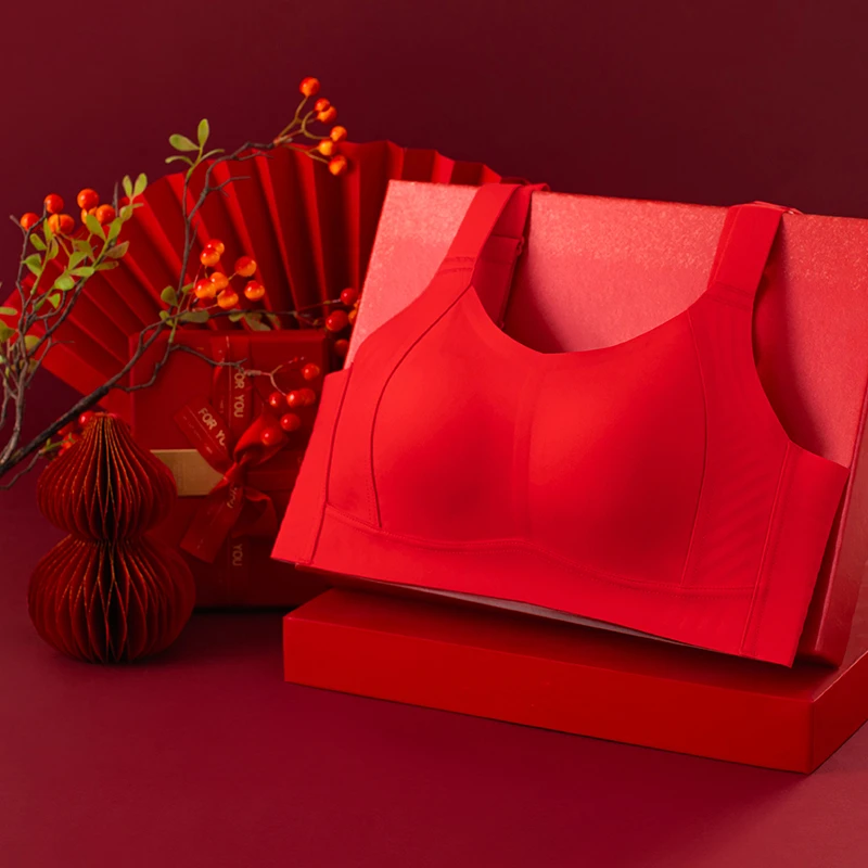 舒适果本命年大胸显小大红色无痕内衣女结婚大码无钢圈上托文胸罩