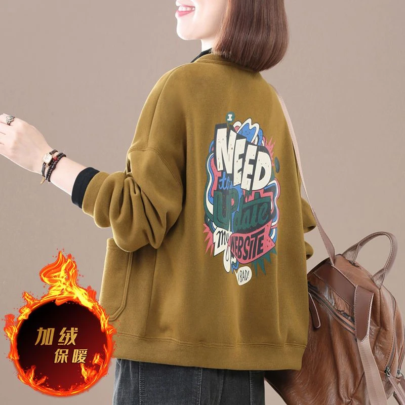加绒加厚短外套女士2025秋冬新款韩版大码遮肉卡通印花长袖上衣潮