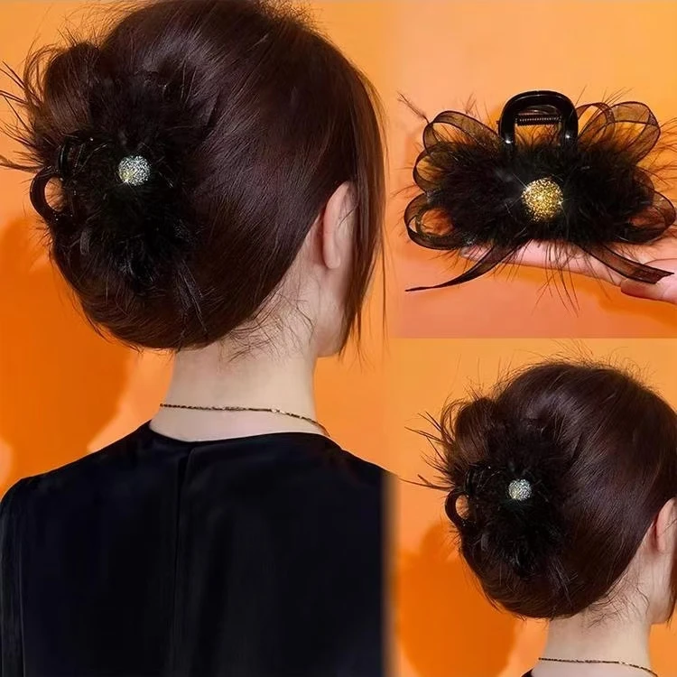 秋冬时尚气质优雅羽毛发夹抓夹氛围感超仙感鲨鱼夹气质轻奢盘发器