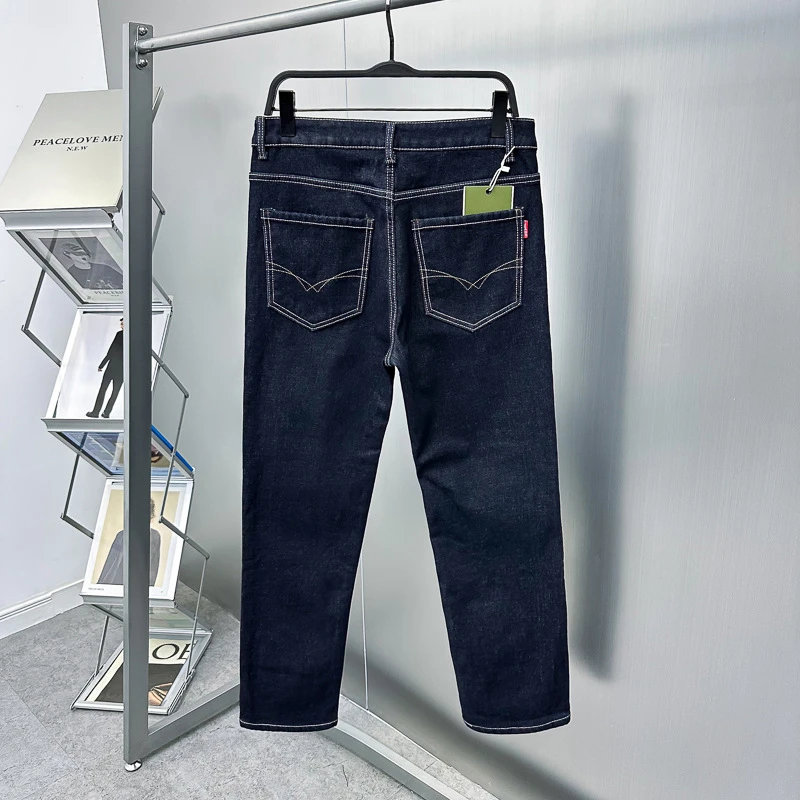 男士新款加绒牛仔裤修身微弹牛仔男裤加厚深蓝简约百搭宽松牛仔款
