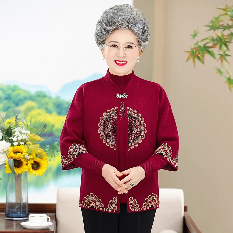 气质中老年妈妈装三色两件套圆领针织毛衣329