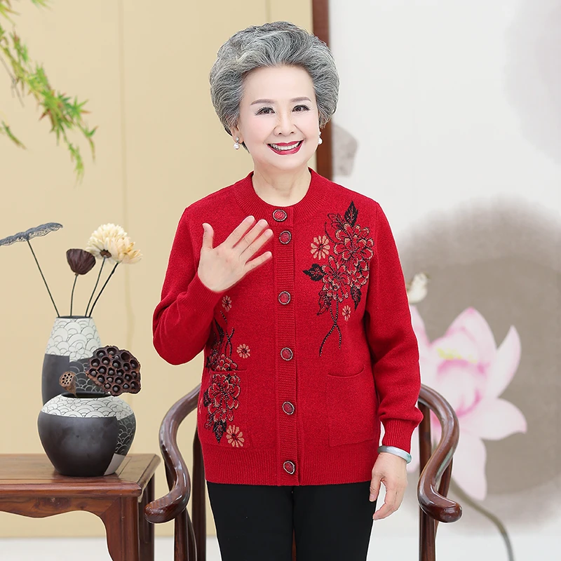 中老年秋冬五色修身带口袋毛衣8033