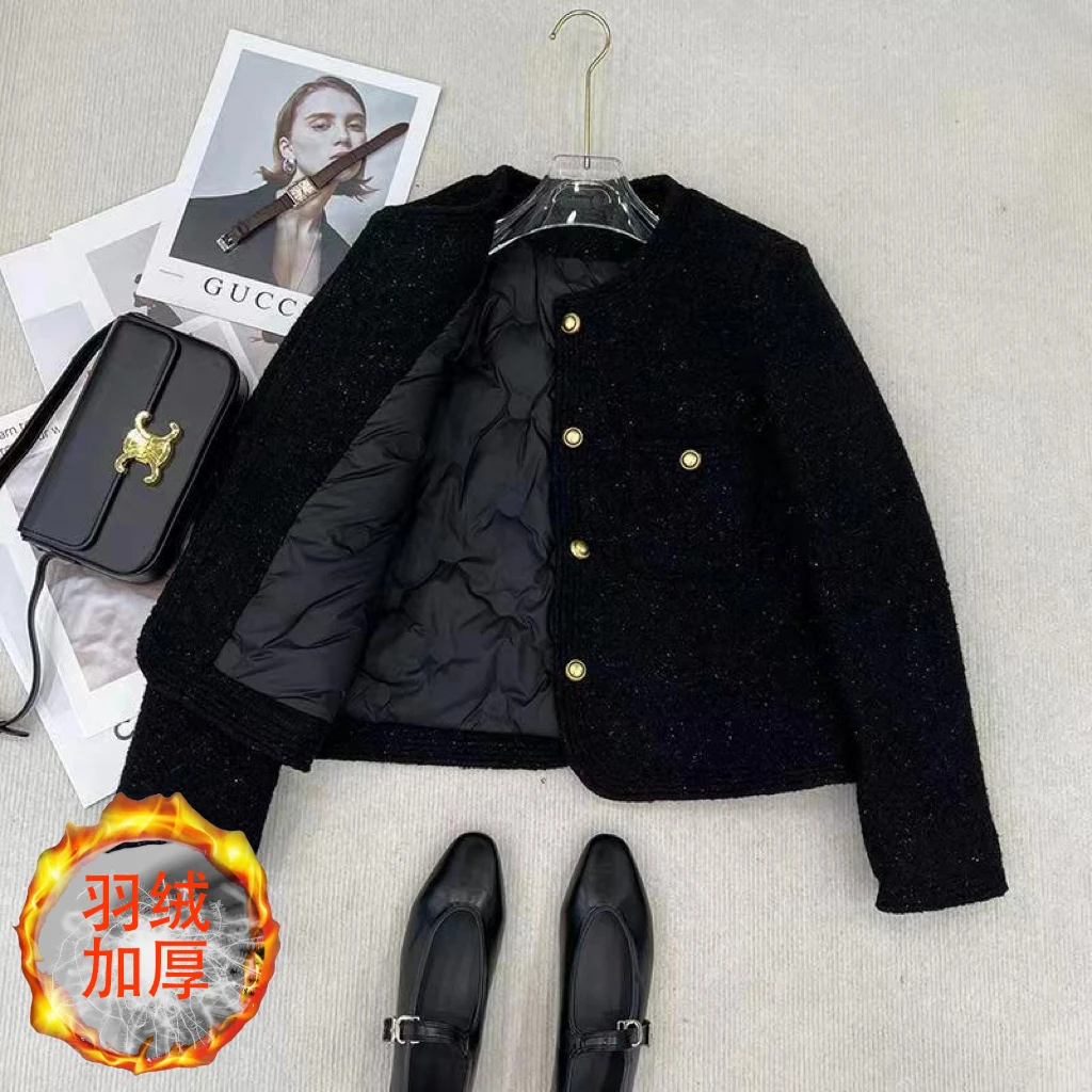 2023秋冬圆领黑色轻奢名媛短款气质加厚小香风羽绒服外套女LQ861