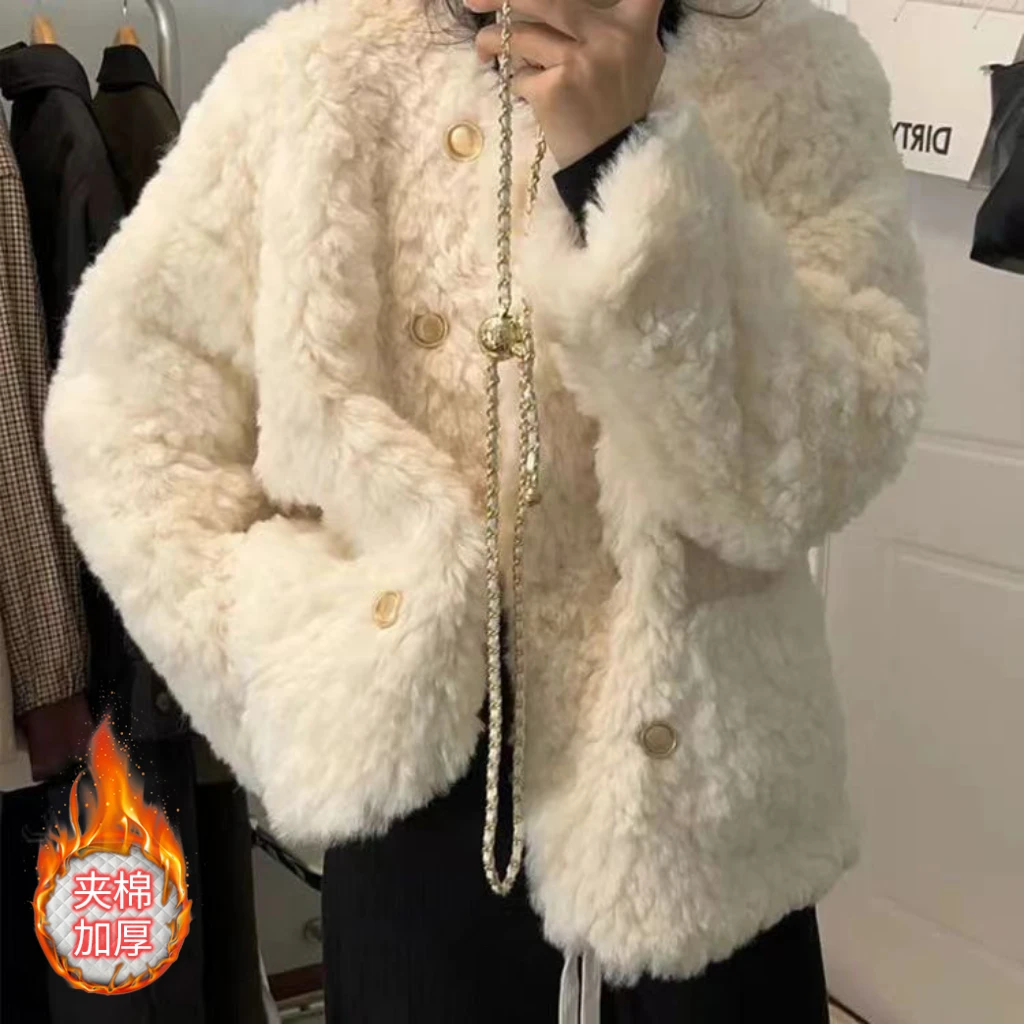 小香风仿羊羔毛毛外套女新款小个子宽松加厚白色上衣棉服YY930