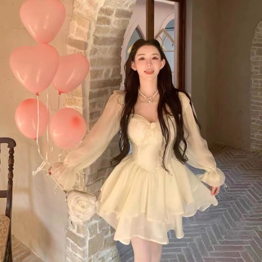 夏季新款【双生芭蕾】超仙气质温柔显瘦灯笼袖抹胸连衣裙带胸垫