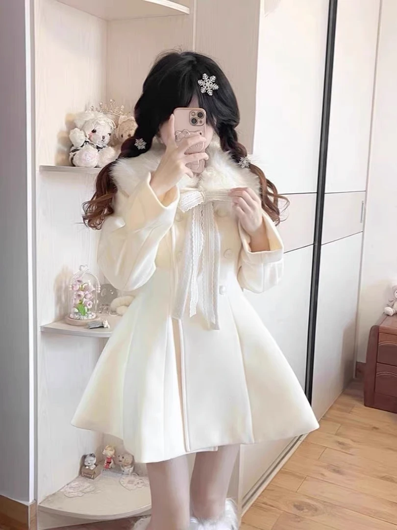 富家千金毛领连衣裙女秋冬季甜辣妹小个子蝴蝶结收腰毛呢公主裙子