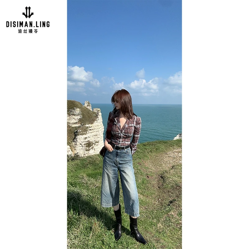 迪丝嫚苓蓝色牛仔中裤直筒时尚休闲百搭复古宽松原创优雅小众设计