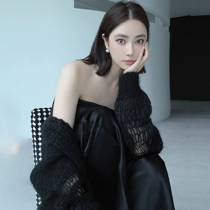 迪丝嫚苓黑色皮抹胸显瘦气质时尚休闲日常百搭常规修身型短外套