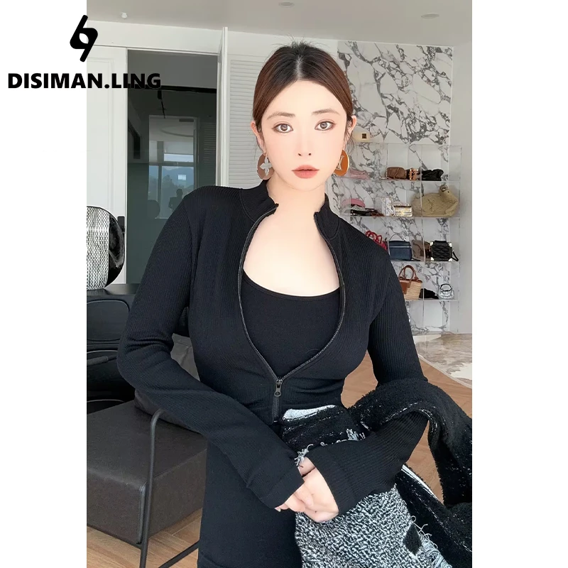 迪丝嫚苓黑色外套女款显瘦长袖运动时尚女士2024上衣女