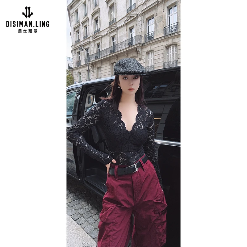 迪丝嫚苓双色上衣蕾丝性感紧身连体塑身长袖显瘦小众设计感原创