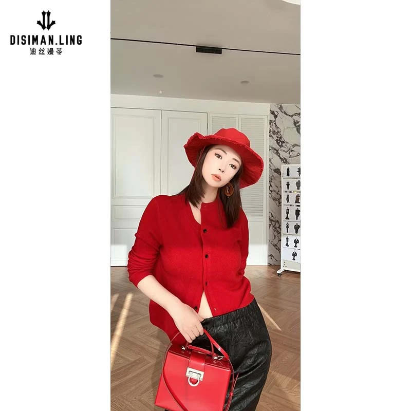 迪丝嫚苓双色开衫100%绵羊毛长袖短款时尚圆领秋冬打底小众设计感