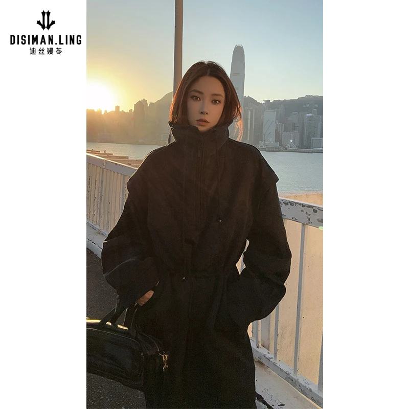 迪丝嫚苓黑色连衣裙气质百搭时尚潮流休闲女士连帽中长款小众设计