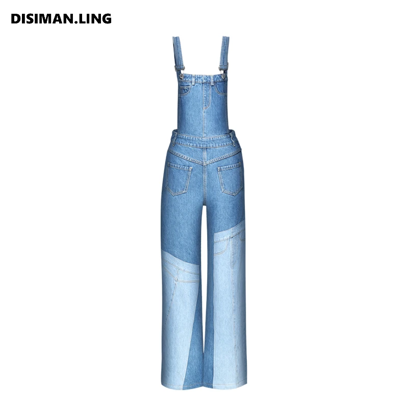 迪丝嫚苓蓝色拼接连体裤2024新款女收腰显瘦经典潮流