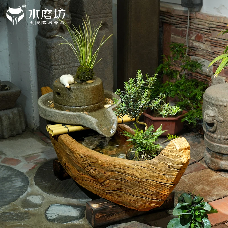 水磨坊庭院流水摆件循环水中式仿古石磨流水喷泉户外船型花盆景观