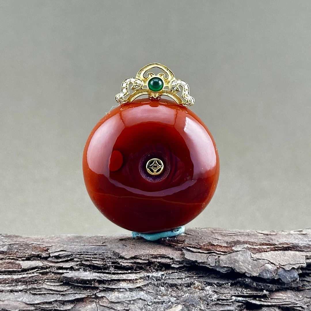 【洛一珠宝】川料南红原矿无胶火焰纹国风厚金镶嵌平安扣吊坠女款