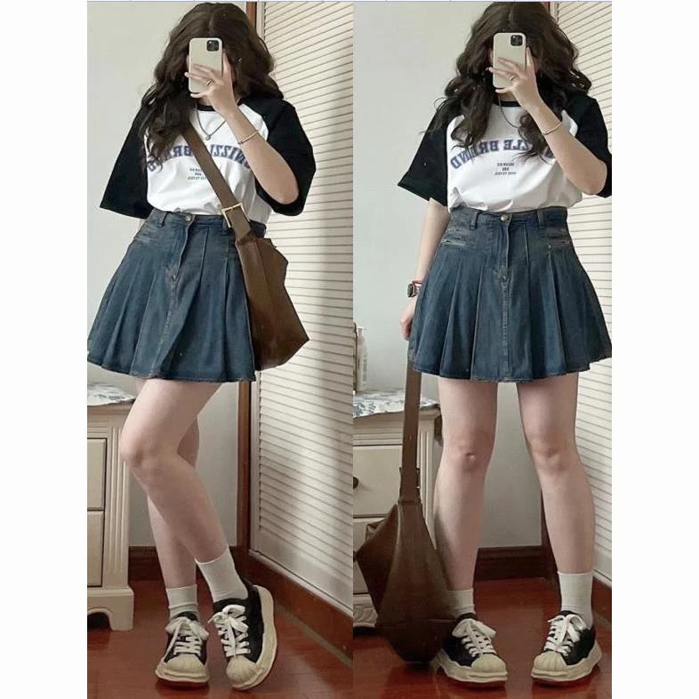 300斤高腰百褶牛仔半身裙女大码胖mm遮肚显瘦设计感a字包臀短裙子