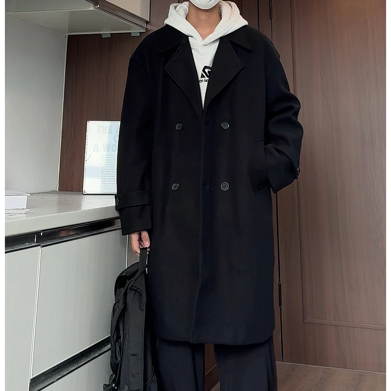 新款秋冬韩版男装呢大衣中长款百搭双排扣呢子外套休闲毛呢大衣
