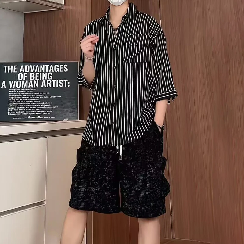 衬衣裤子套装夏季网红衬衫清凉薄款条纹冰丝衬衣男工装短裤两件套