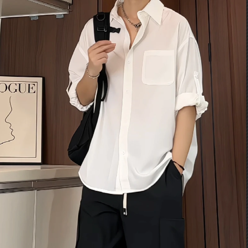 夏季薄款冰丝短袖衬衫男黑色潮透气宽松休闲七分袖痞帅白色衬衣