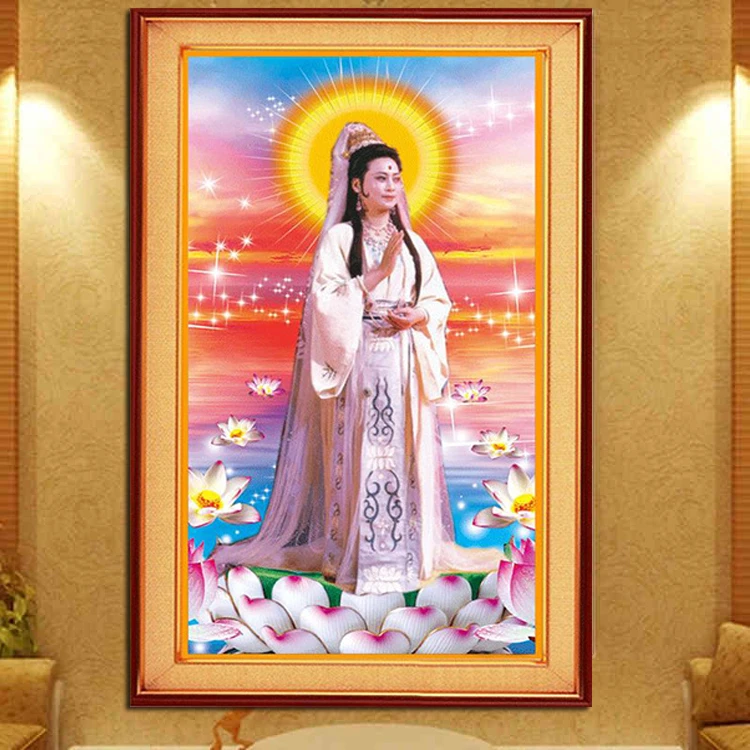 新款线十字绣客厅观音菩萨玄关简约现代手工自己绣满绣刺绣竖版画