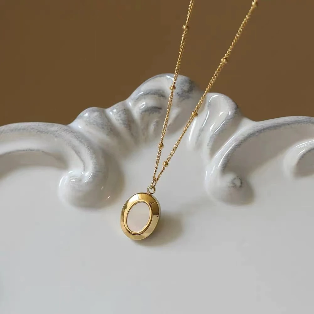 钛钢项链 R077宫廷风椭圆坠圆珠链项链锁骨链百搭小众素款项链