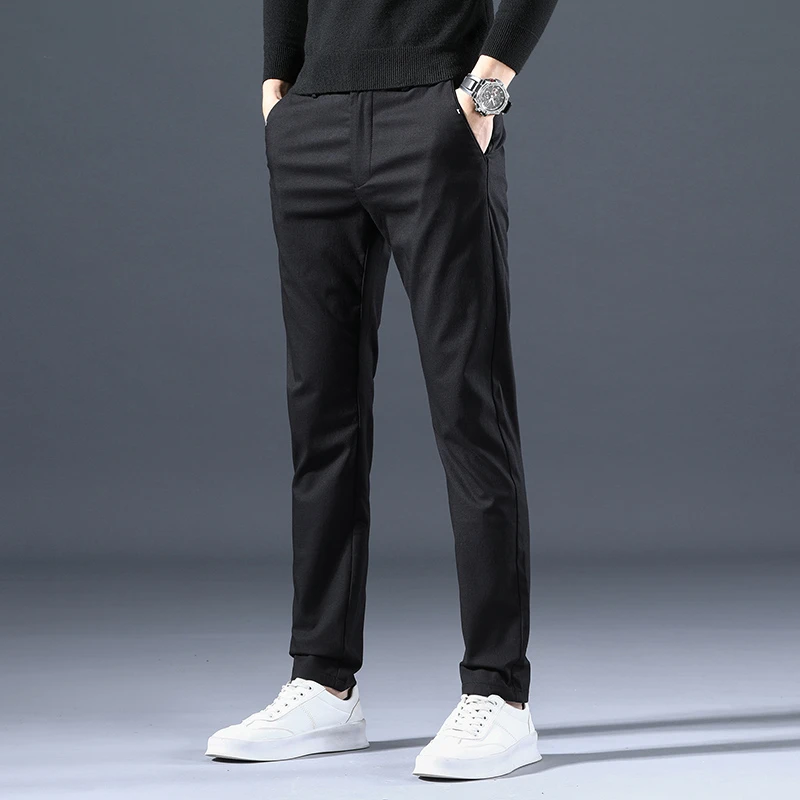 春秋季新款男士休闲西裤纯色松紧腰棉质休闲裤男修身显瘦百搭宽松